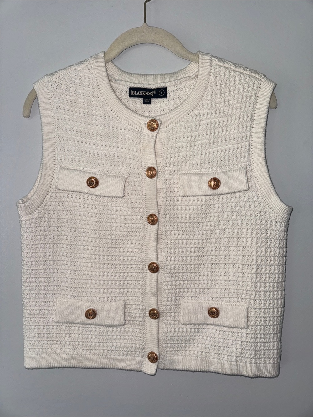 Blank NYC Women's Cream Knit Button-Front Vest Gold Buttons. Office Wear Sz S
